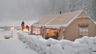 WARM TENT CAMPING WITH A STOVE UNDER HEAVY SNOW | WE BUILT A SNOW CASTLE