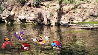 Wario, Waluigi, Engineer, BF & GF Discovers Gharials While Having Fun In The River