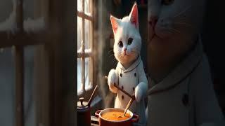 Whimsical White Cat Enjoys Soup & Tea in a Cozy Winter Kitchen | Photorealistic Art