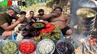 Buff MOMOs Colorful MOMO Making in Jungle Self Cooking & Eating Near Jungle River Wild MOMO MUKBANG