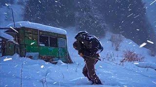 Iron shelter high in the mountains from an abandoned van, modern winter solo bushcraft