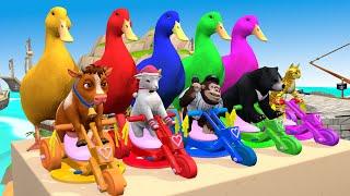 5 Giant Duck Cartoon,Cow,Mammoth,Lion,Monkey,Bear Paint Wild Animals Crossing Fountain Animation