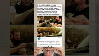 In Den of Thieves (2018), Pablo Schreiber demonstrates flawless firing technique with the M240B
