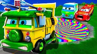 Rainbow Pit Transform In Big & Small: Lightning Mcqueen  & Mater vs  Pixar Cars! Beam.NG Drive!
