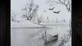 EASY SCENERY DRAWING / Pencil Drawing Easy, step by step / Qora qalamda rasm chizish, Oson usul