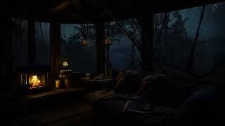 Warm Cabin Night Ambience with Relaxing Rain Sounds and Cozy Fireplace Crackling