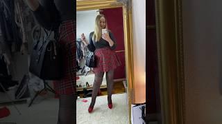 Look of the day. Red heels, black tights, red skirt