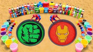 How to Make Hulk vs Iron Man pit Eruption from Giant Orbeez, Pepsi, Mtn Dew, Coca Cola and Mentos