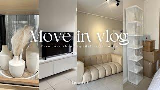 MOVE IN VLOG : furniture delivery + couch unwrapping + installations + lunch &more