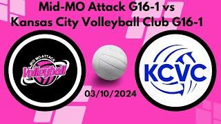 03/10/2024 Mid-MO Attack G16-1 vs Kansas City Volleyball Club G16-1 Pool Play