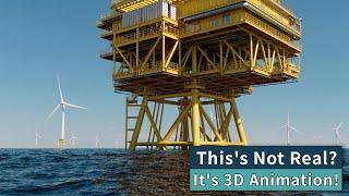 Photoreal offshore wind farm 3d animation of wind turbines and substation
