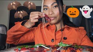 ASMR Eating Halloween Haribo Bat Gummies, Chewing Sounds , Caramel Apple Lollipop Sounds