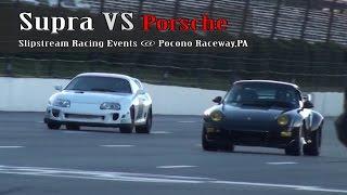 Porsche vs Supra roll race at PoconoRaceway