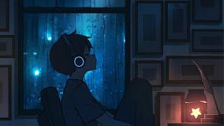 Lofi playing in another room and it's raining (rain on window, no thunders)