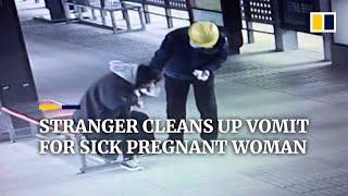 Stranger cleans up vomit for ill pregnant woman at bus stop in China