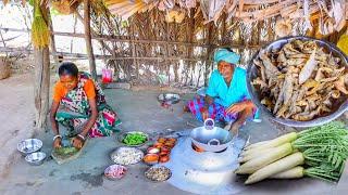 DRY FISH RECIPE with RADISH and vegetable dal cooking & eating by santali tribe old couple