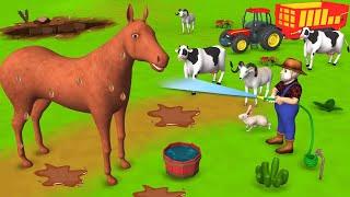 Farm Animals Enjoy Fun Time with Mud Horse Near Pond - Funny Games in New Farm 3D Animated Videos