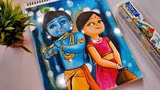 Part 2- Cute little radha krishna drawing with oil pastel, Radha krishna  drawing #krishnadrawing