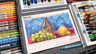 March Calendar Page: Watercolor Crayons/Pastels Still Life