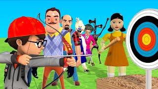 Scary Teacher 3D vs Squid Game Archery Challenge Miss T vs 2 Neighbor Loser