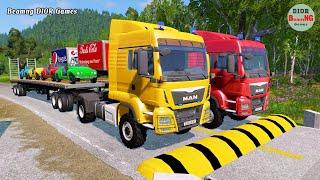 Double Flatbed Trailer Truck vs speed bumps|Busses vs speed bumps|Beamng Drive|196