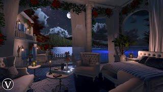 Greek Villa Bedroom | Night Ambience | Ocean Waves & Nature Sounds