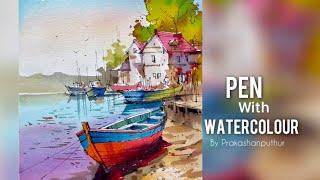 Watercolour sea scape |  pen with watercolour | tutorial by Prakashanputhur Prakashanputhur