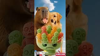 Capybara & Puppy Enjoy Gummy Zombie Candy | Fun & Spooky ASMR Vibes ‍️ #capybara #puppy  #カピバラさん