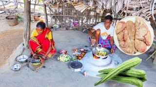 RIDGE GOURD & FISH EGG CURRY cooking and eating by santali tribe old couple