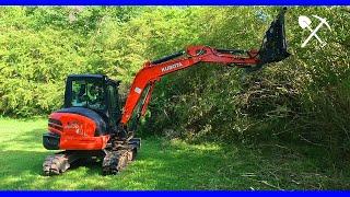 Mini-Excavator Brush Cutter Pushing Back The Woods