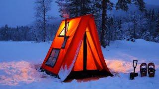 Hot Tent Winter Camping on A Remote Mountain Lake - Ice Fishing, Fish Trap & Cooking Delicious Food