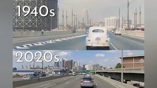 Los Angeles 1940s vs 2020s Entering Downtown via US-101 'Historic' drive