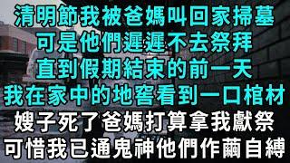 清明節我被爸媽叫回家掃墓，可是他們遲遲不去祭拜，直到假期結束的前一天，我在家中的地窖看到一口棺材，嫂子死了爸媽打算拿我獻祭，可惜我已通鬼神他們作繭自縛#小說#爽文#情感