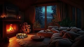 Cozy Rainy Autumn Evening – Warm Fireplace, Sleeping Pets & Gentle Rain