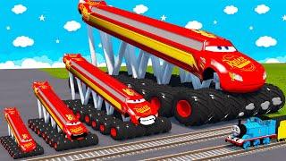 Big & Small, Long & Tall Lightning Mcqueen with Monster Truck Wheels vs Trains | BeamNG.Drive