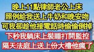 晚上11點律師老公上床，照例給我送上牛奶和晚安吻，可我卻趁他接電話時偷偷倒掉，下秒我躺床上裝睡打開監控，隔天法庭上送上份大禮他瘋了真情故事會||老年故事||情感需求||愛情||家庭