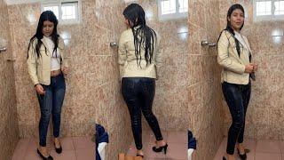new wetlook model with jeans and leather jacket