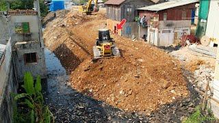 Full Videos Processing !! Power Strongly KOMATSU Bulldozer Removal Clearing Trash & Stone Into Water