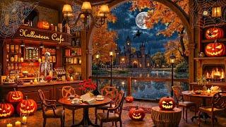 Spooky Night at Cozy Cafe Halloween Ambience  Relaxing Jazz Music with Rain & Thunderstorm Sounds