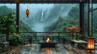 Healing Rain Sound And Soothing Fire Sound in Porch Terrace Ambience - Tranquil Forest to Relaxation