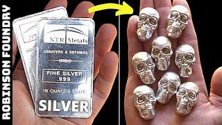 Melting pure silver │ Casting fine silver skulls │ .999 silver bullion │ Metal casting │ ASMR