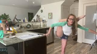 Yoga and baking with leg behind head