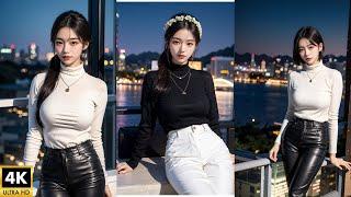 야경과 함께 가죽바지 レザーパンツ ルックブック  asian korean girl