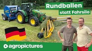 Rundballen statt Fahrsilo am Milchviehbetrieb Bongard | Göweil Rundballenpresse am John Deere 6120M