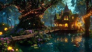 Whimsical Fairy Village in Forest | Magical Gentle Music & Night Nature ~ to Relax, Study, Calm