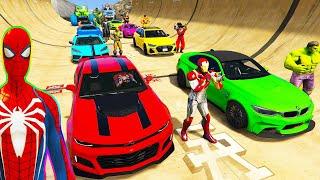 SPIDERMAN CARS MARIO Ramp JUMP Challenge ! SUPERHERO HULK IronMan Trevor and Friends Stunt - GTA V