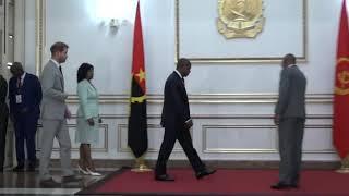 The Duke of Sussex, left, met with Angola's first lady Ana Dias Lourenco, right, today who told him