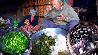 jungle man & his wife enjoying pork mustard mix curry with rice || jungle family cooking ||