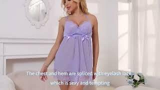 NY2511# Sexy eyelash lace mesh cross shoulder strap gathered nightdress doll underwear women's