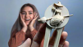 DIY hair clip made of maple wood Witch